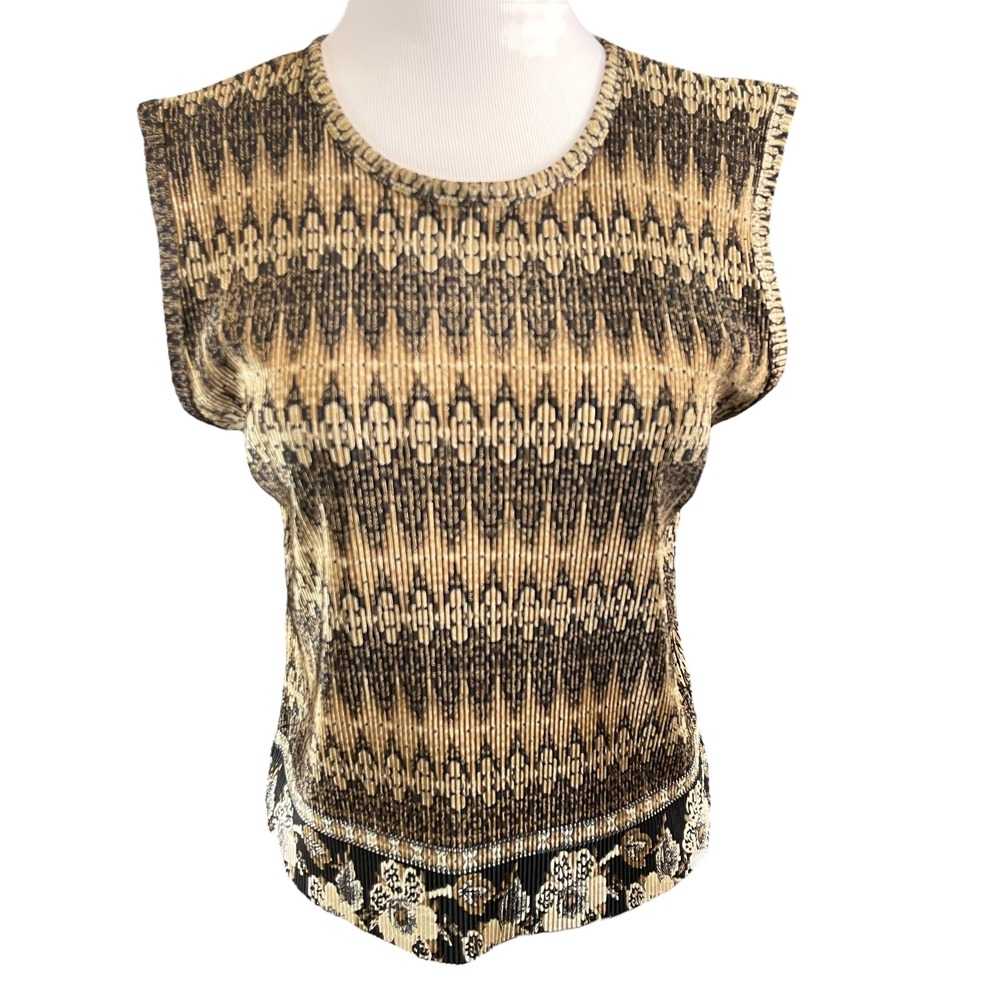 Plissé Women's Vintage Y2K Pleated Sleeveless Pattern Top Brown Beige Medium